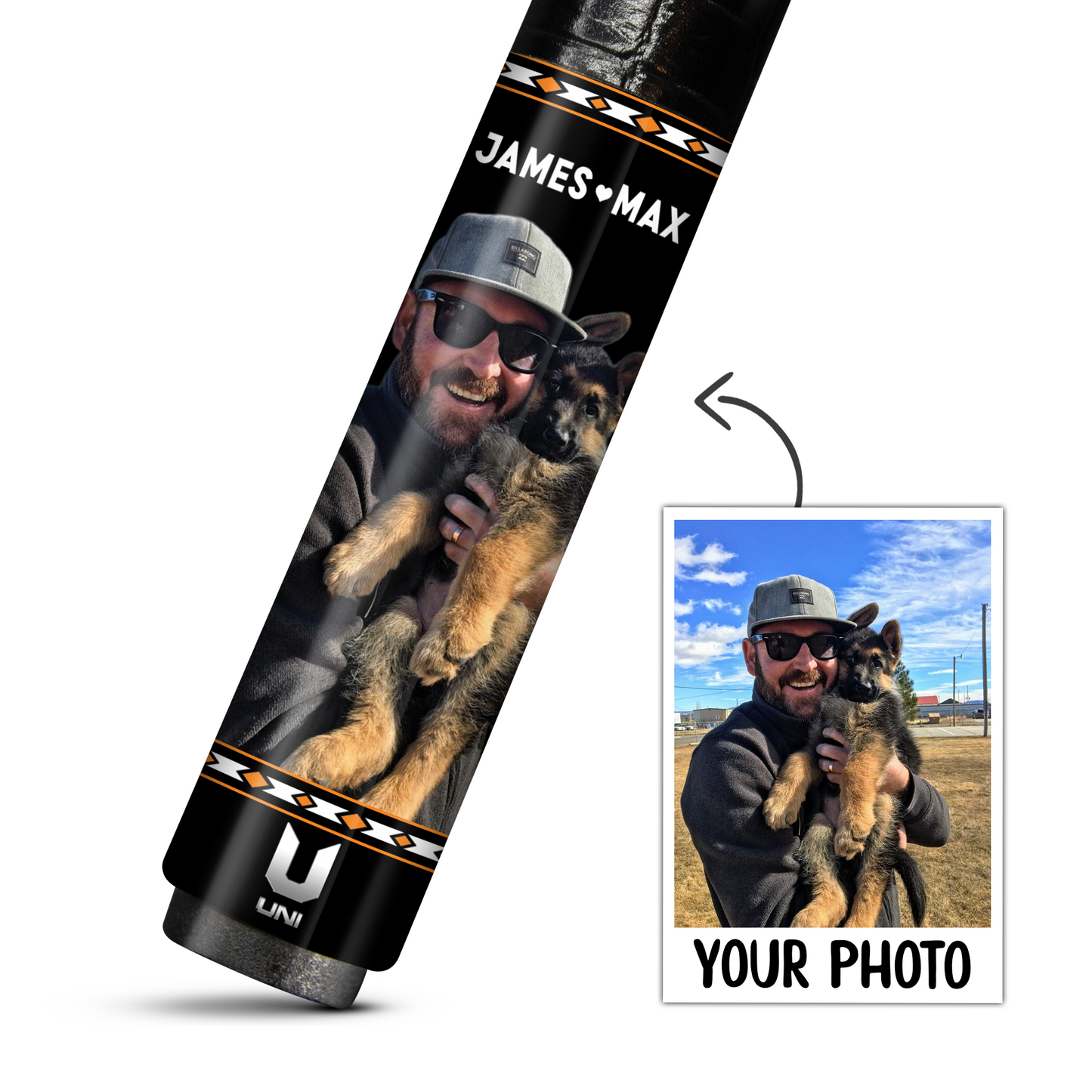 Custom Pet & Owner Photo Carbon Fiber Pool Cue – Personalized Cue with Your Picture