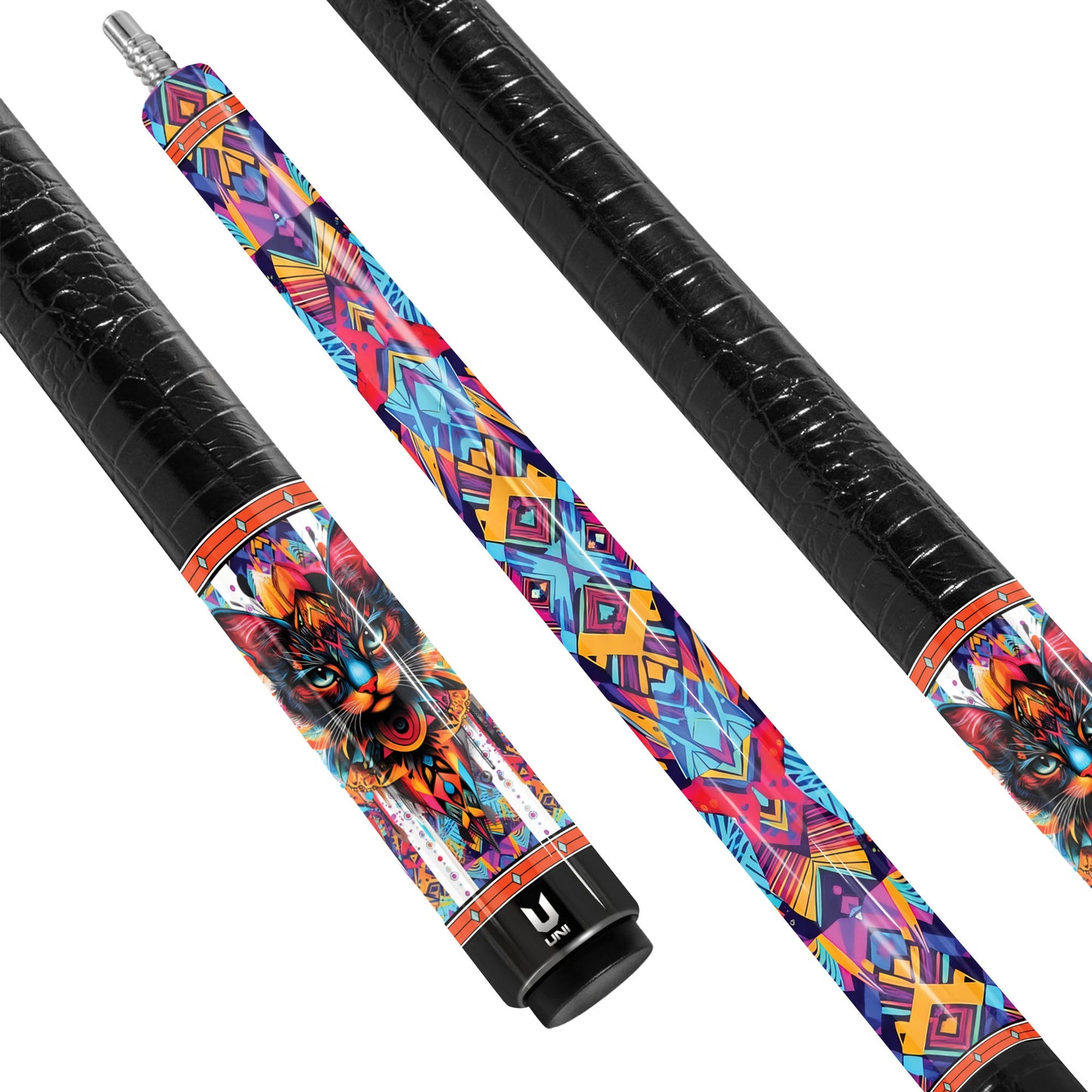 Kaleidoscope Guardian Cat Carbon Fiber Pool Cue - Modern Tribal Geometric & Vibrant Art Professional Stick