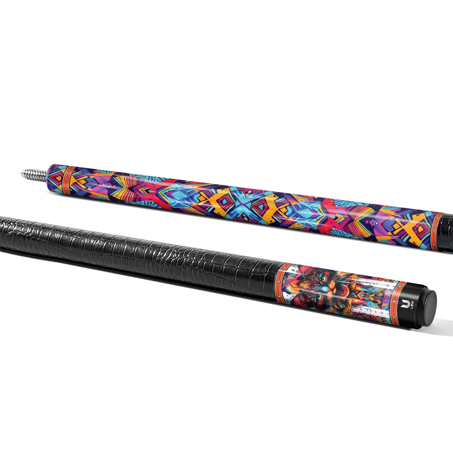 Kaleidoscope Guardian Cat Carbon Fiber Pool Cue - Modern Tribal Geometric & Vibrant Art Professional Stick