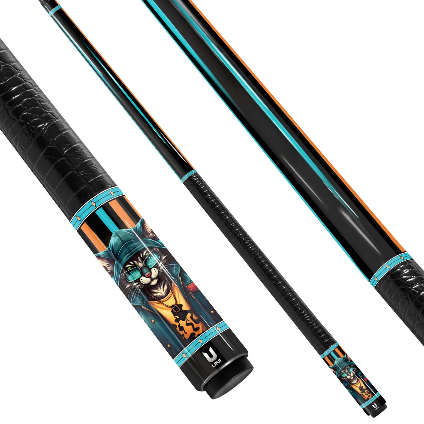 Cyber-Hoodie Cat Carbon Fiber Pool Cue - Futuristic Teal & Orange Streetwear Art Stick