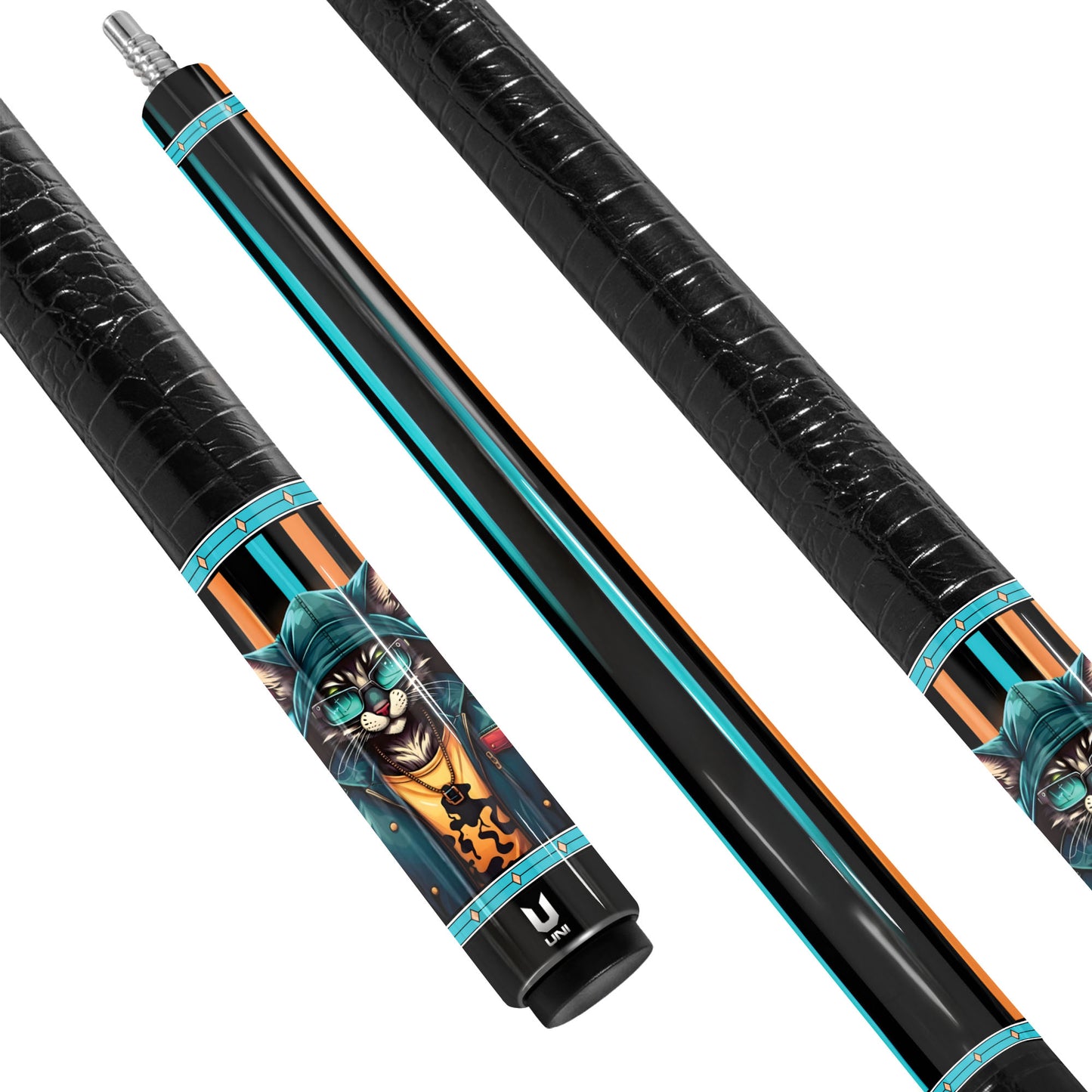 Cyber-Hoodie Cat Carbon Fiber Pool Cue - Futuristic Teal & Orange Streetwear Art Stick