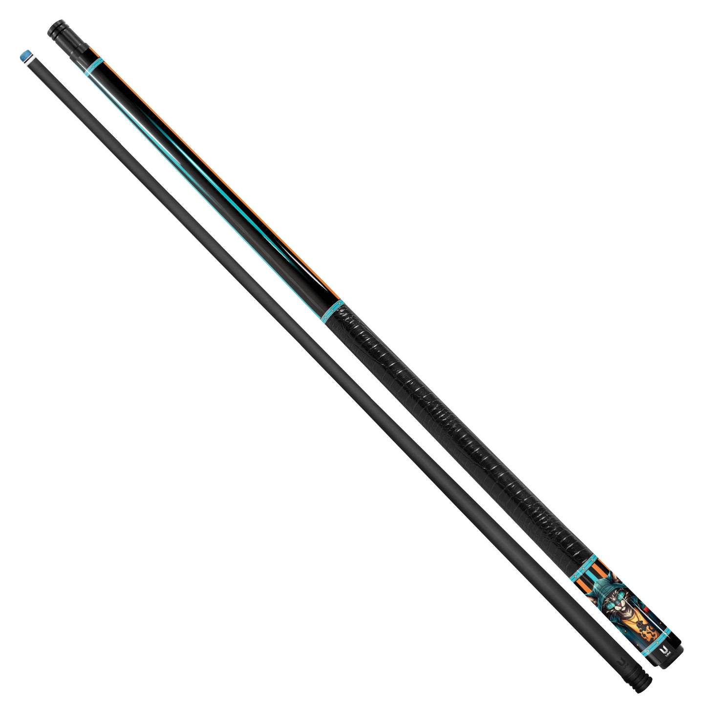 Cyber-Hoodie Cat Carbon Fiber Pool Cue - Futuristic Teal & Orange Streetwear Art Stick