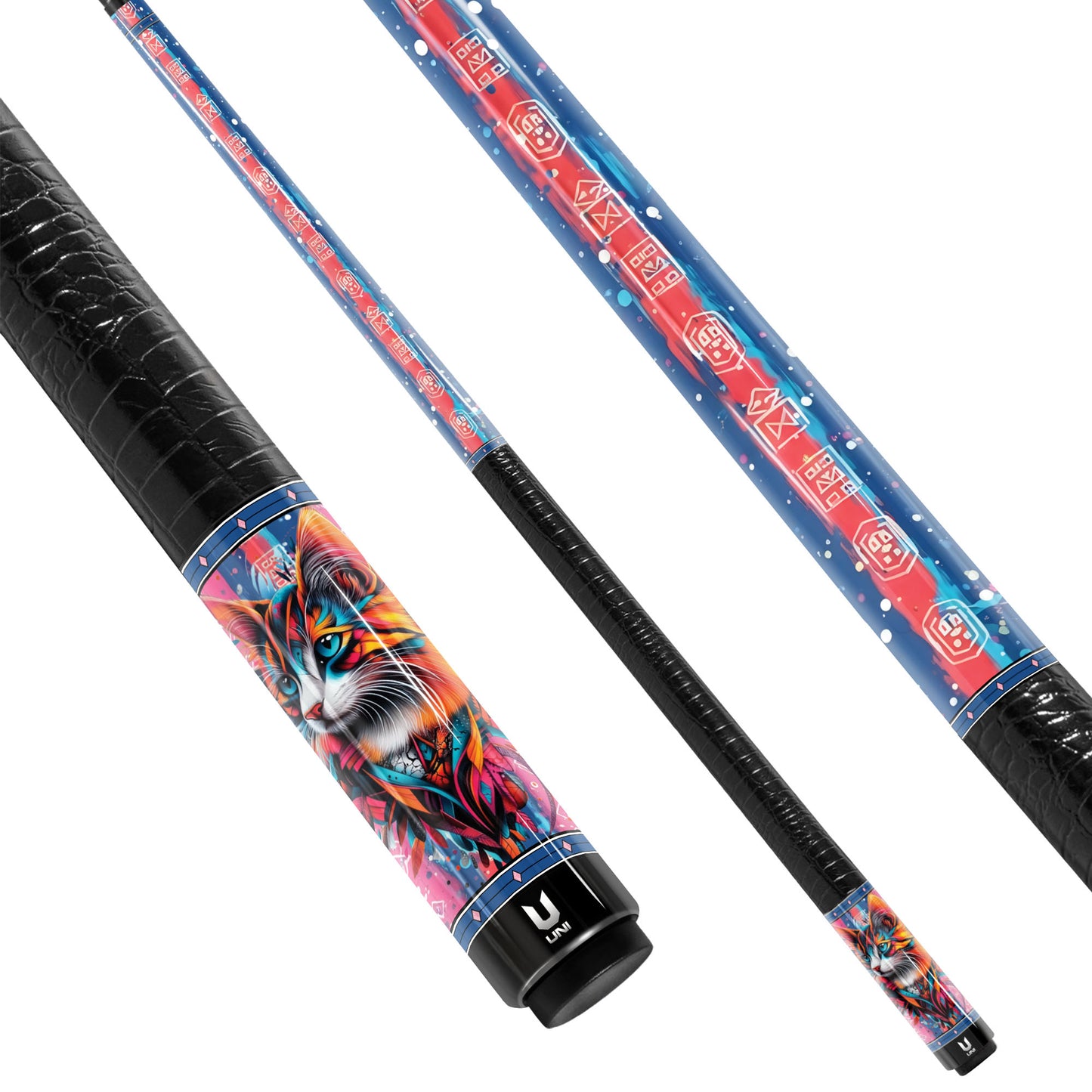 Abstract Urban Cat Carbon Fiber Pool Cue - Graffiti Splatter & Neon Rune Art Elite Stick