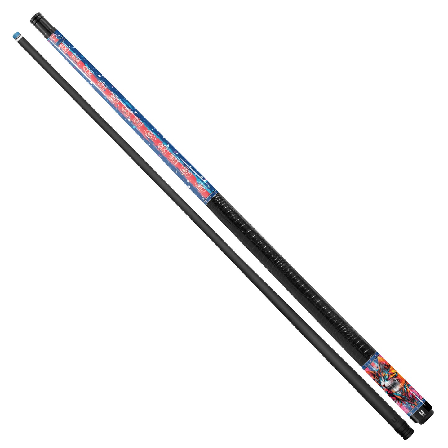 Abstract Urban Cat Carbon Fiber Pool Cue - Graffiti Splatter & Neon Rune Art Elite Stick