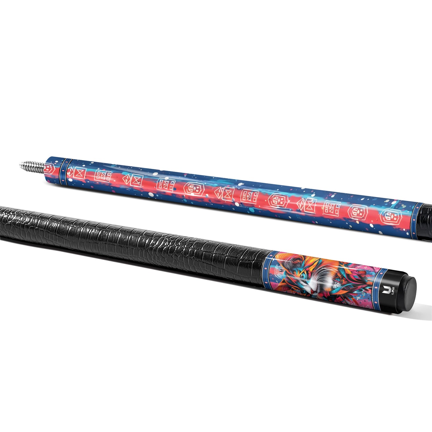 Abstract Urban Cat Carbon Fiber Pool Cue - Graffiti Splatter & Neon Rune Art Elite Stick