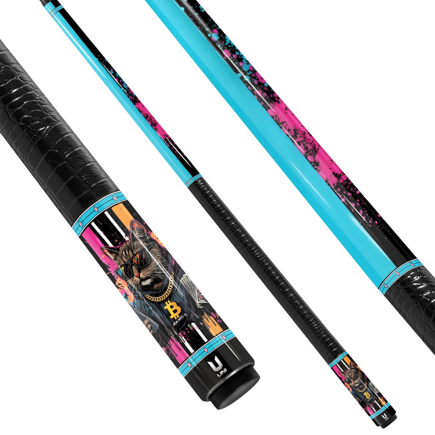 Bitcoin Rich Cat Carbon Fiber Pool Cue - Crypto Boss & Neon Graffiti Art Stick