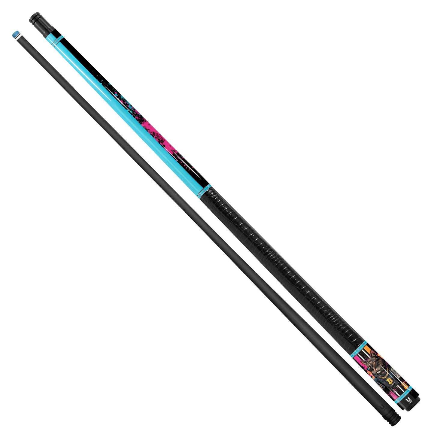 Bitcoin Rich Cat Carbon Fiber Pool Cue - Crypto Boss & Neon Graffiti Art Stick
