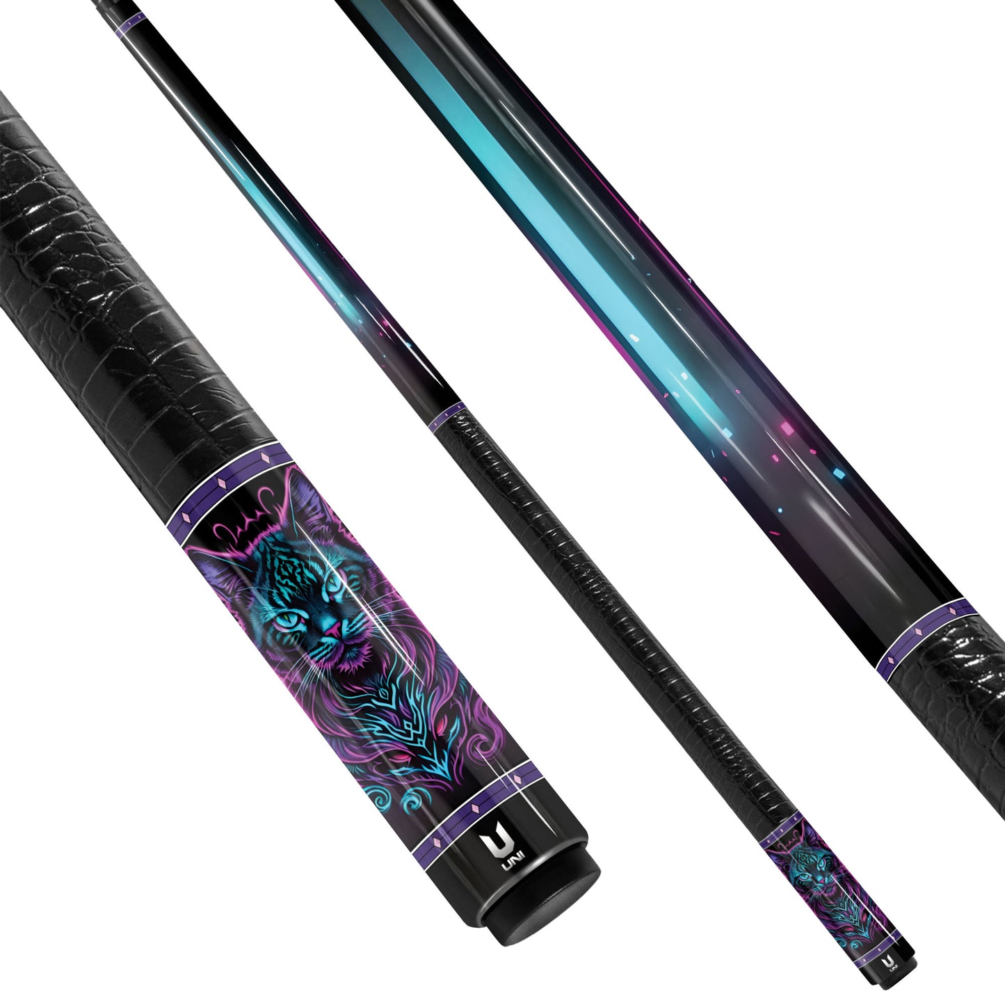Mystical Glow Cat Carbon Fiber Pool Cue - Teal & Purple Neon Mandala Art Professional Stick