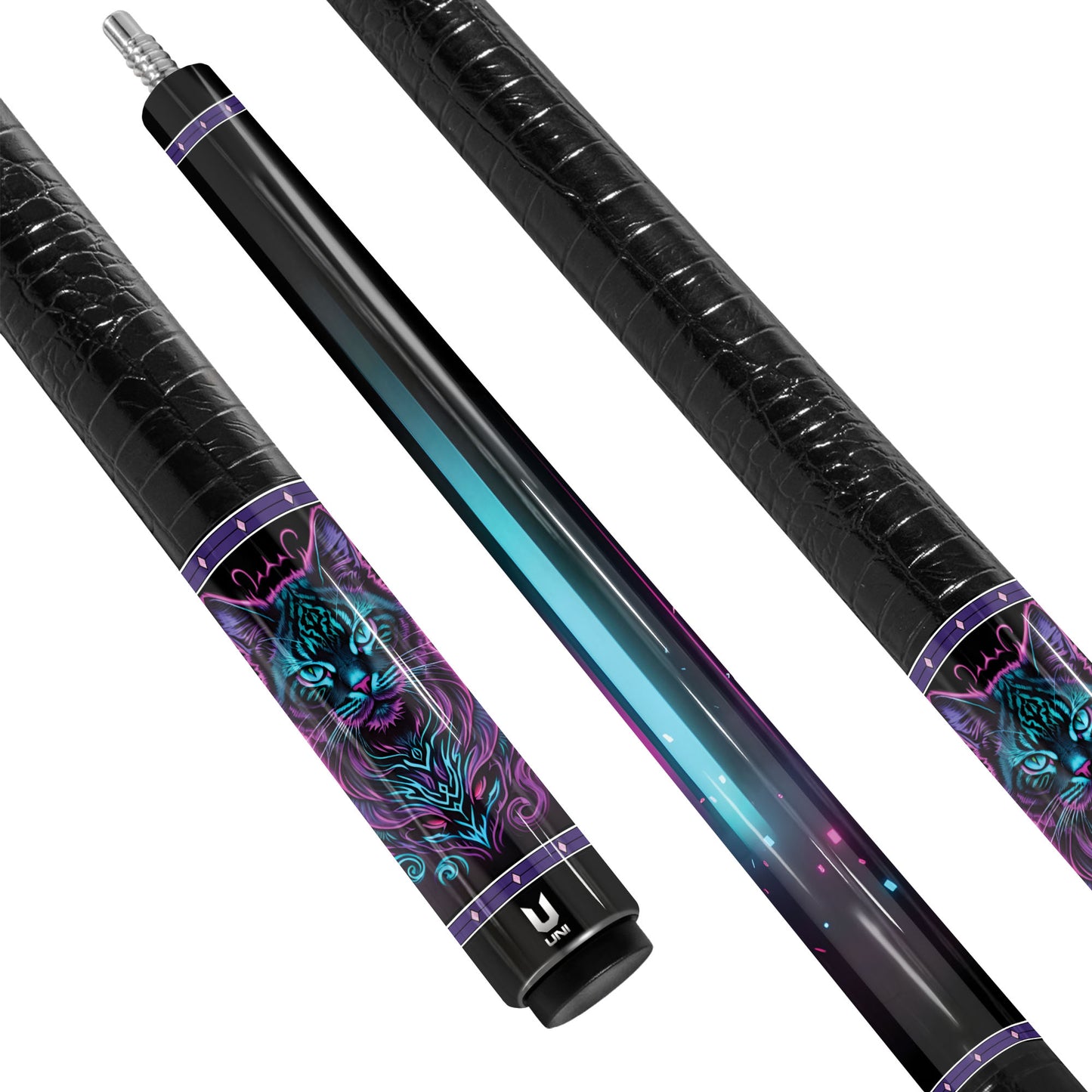 Mystical Glow Cat Carbon Fiber Pool Cue - Teal & Purple Neon Mandala Art Professional Stick