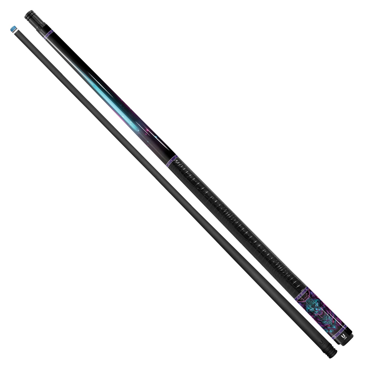 Mystical Glow Cat Carbon Fiber Pool Cue - Teal & Purple Neon Mandala Art Professional Stick