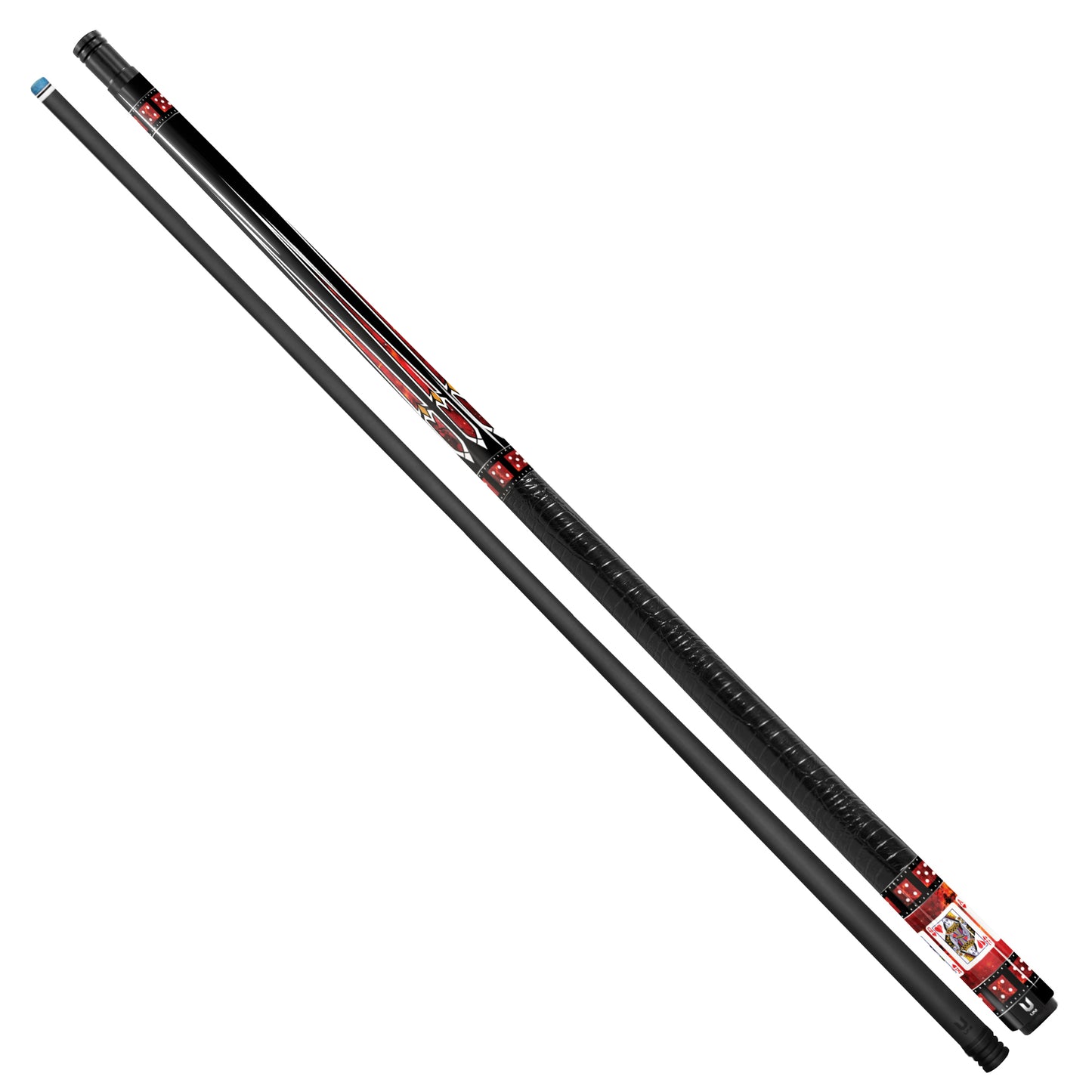 Ultimate Ruby Casino Carbon Fiber Pool Cue - Red Stone Inlay & Royal Flush Spade Edition Stick