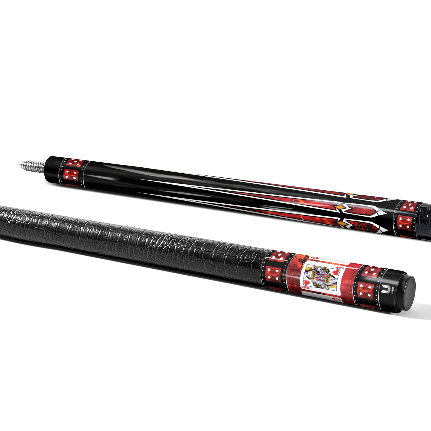 Ultimate Ruby Casino Carbon Fiber Pool Cue - Red Stone Inlay & Royal Flush Spade Edition Stick