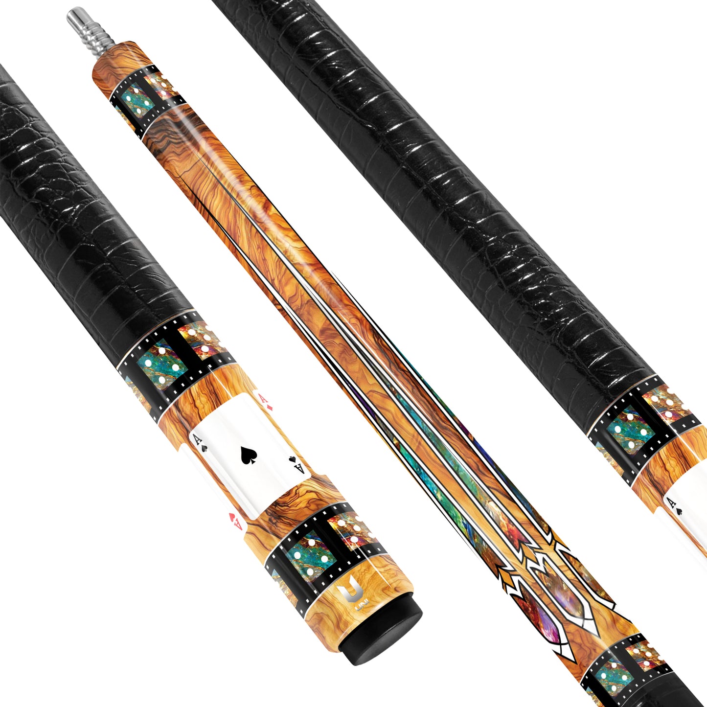 Luxury Mahogany Casino Carbon Fiber Pool Cue - Golden Burl Inlay & Classic Royal Flush Poker Stick