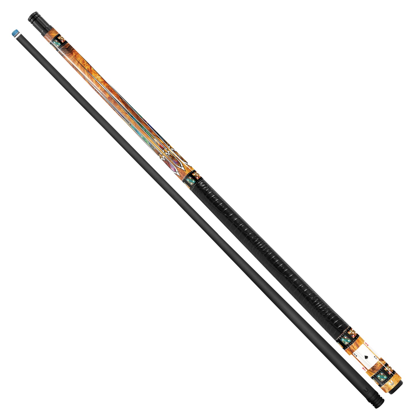 Luxury Mahogany Casino Carbon Fiber Pool Cue - Golden Burl Inlay & Classic Royal Flush Poker Stick