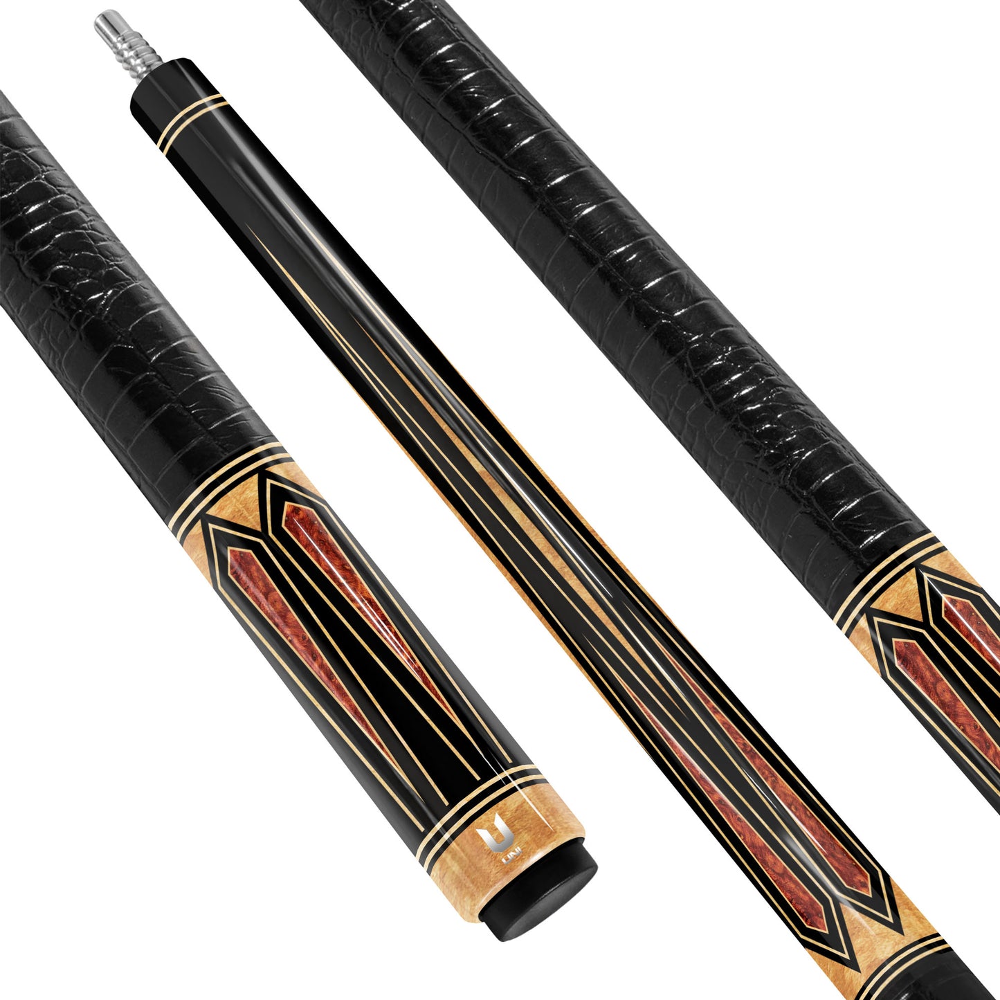 Midnight Ebony Carbon Fiber Pool Cue - Fiery Amber Burl Points & Sandstone Inlay Design