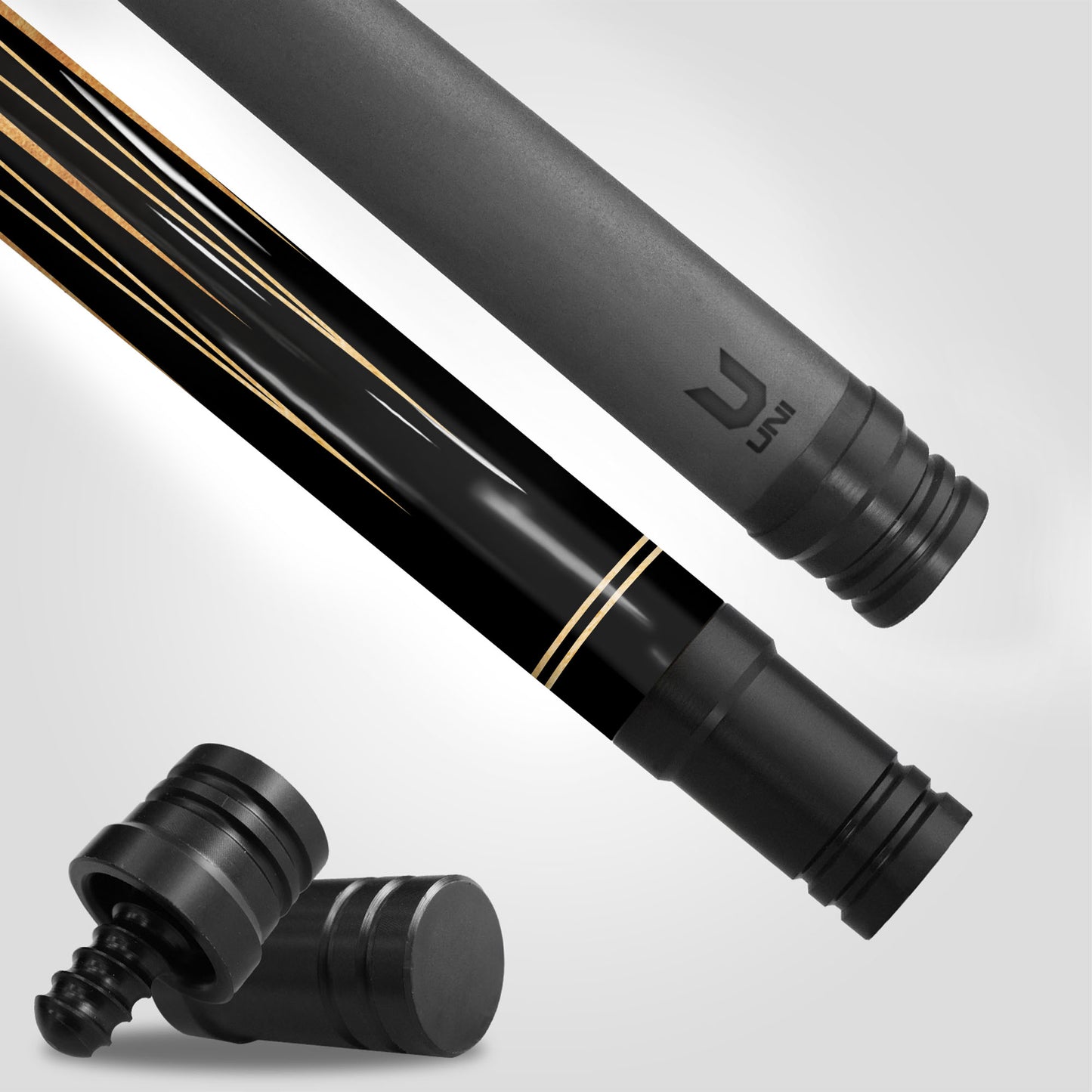 Midnight Ebony Carbon Fiber Pool Cue - Fiery Amber Burl Points & Sandstone Inlay Design