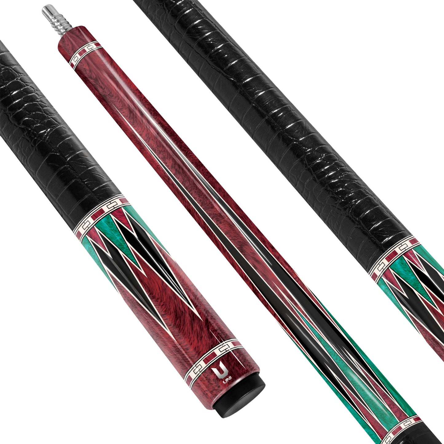 Crimson Maple Burl Carbon Fiber Pool Cue - Malachite Green Inlay & Exotic Wood Grain Design