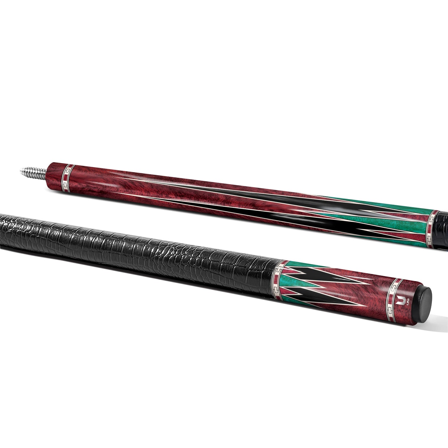 Crimson Maple Burl Carbon Fiber Pool Cue - Malachite Green Inlay & Exotic Wood Grain Design