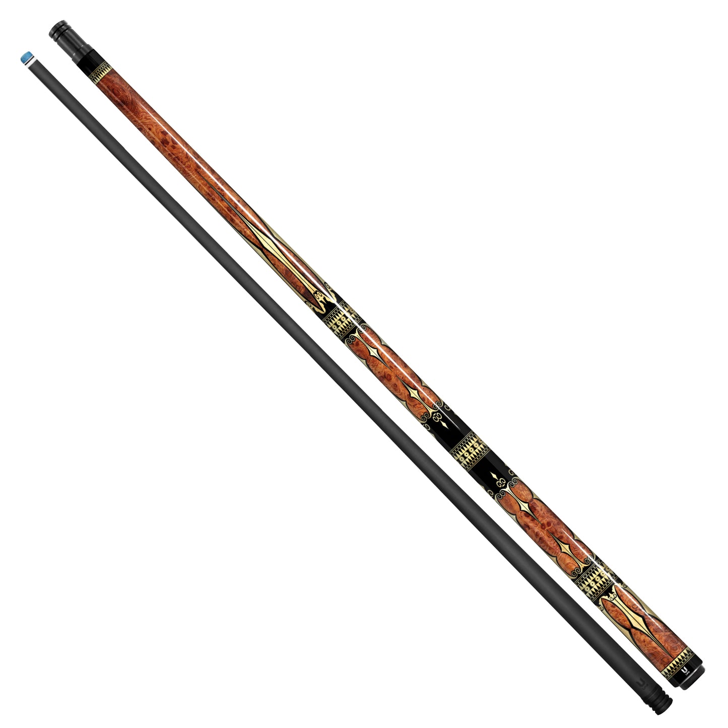 Luxury Royal Burl Carbon Fiber Pool Cue - Ornate Gold Scrollwork & Deep Ruby Heritage Edition Stick