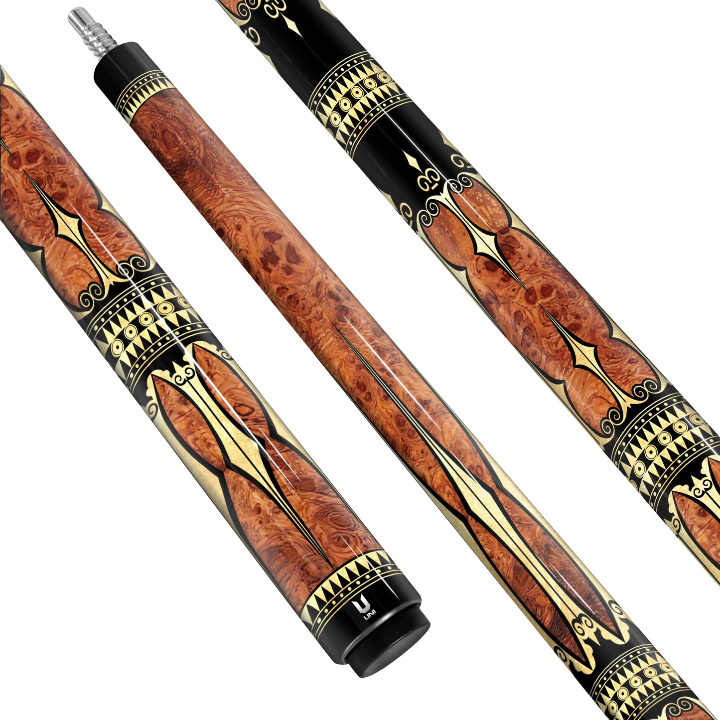 Luxury Royal Burl Carbon Fiber Pool Cue - Ornate Gold Scrollwork & Deep Ruby Heritage Edition Stick