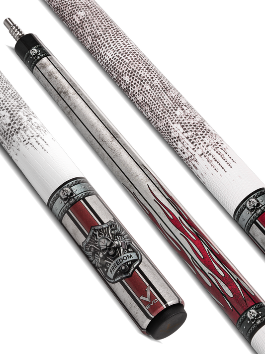 EVO FREEDOM POOL CUE - CRIMSON FLAME - WHITE LEATHER WRAP