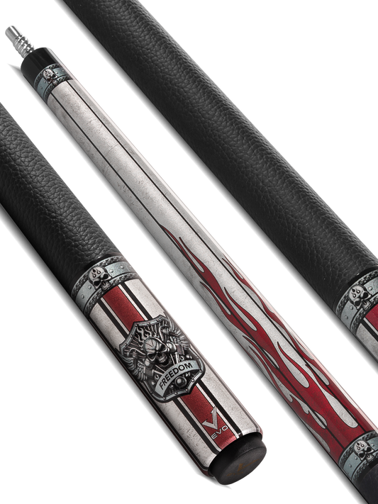 EVO FREEDOM POOL CUE - CRIMSON FLAME - BLACK LEATHER WRAP