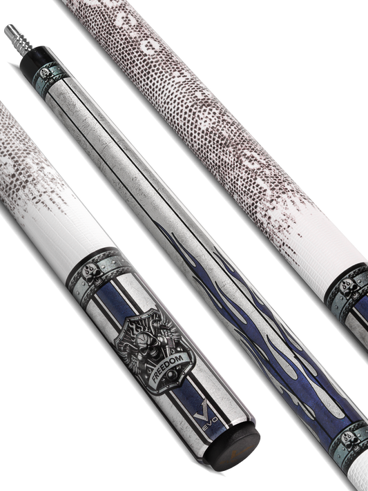 EVO FREEDOM POOL CUE - AZURE FLAME - WHITE LEATHER WRAP