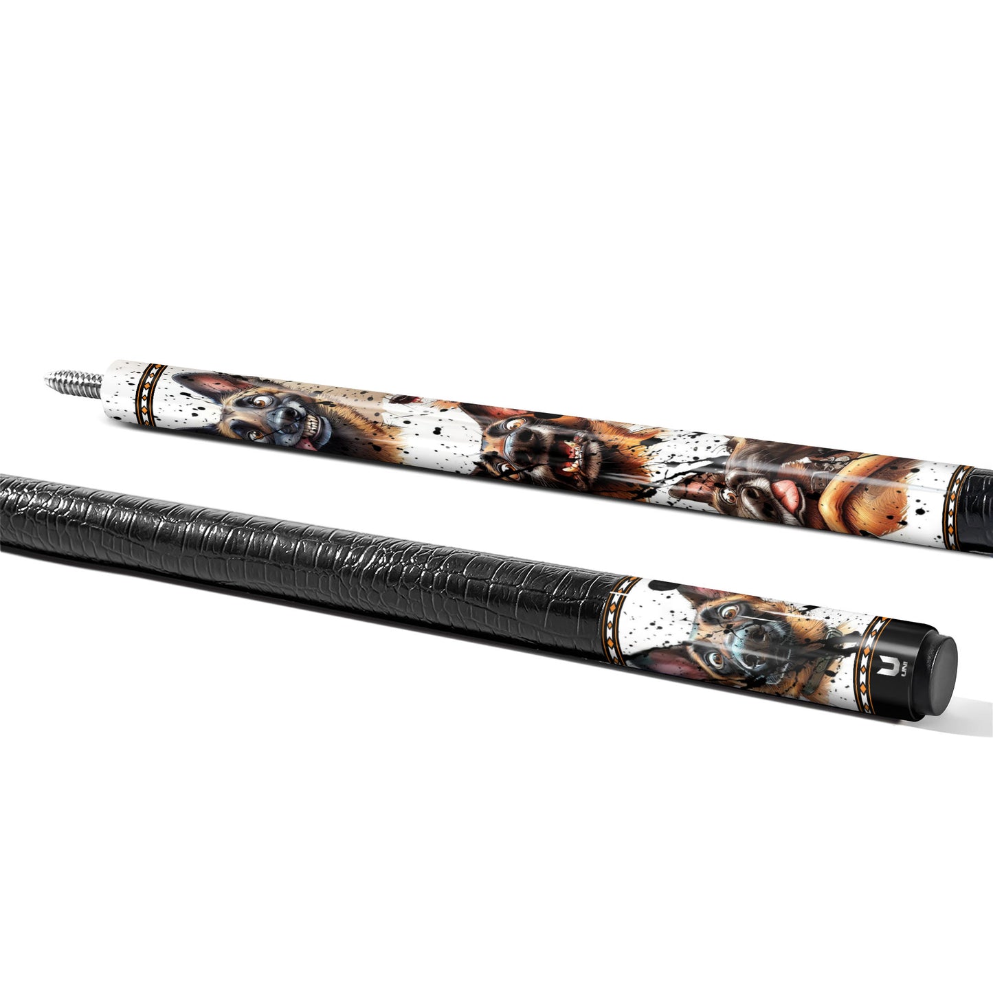 Malinois Madness Carbon Fiber Pool Cue - Funny Dog Expression & Splatter Art Stick