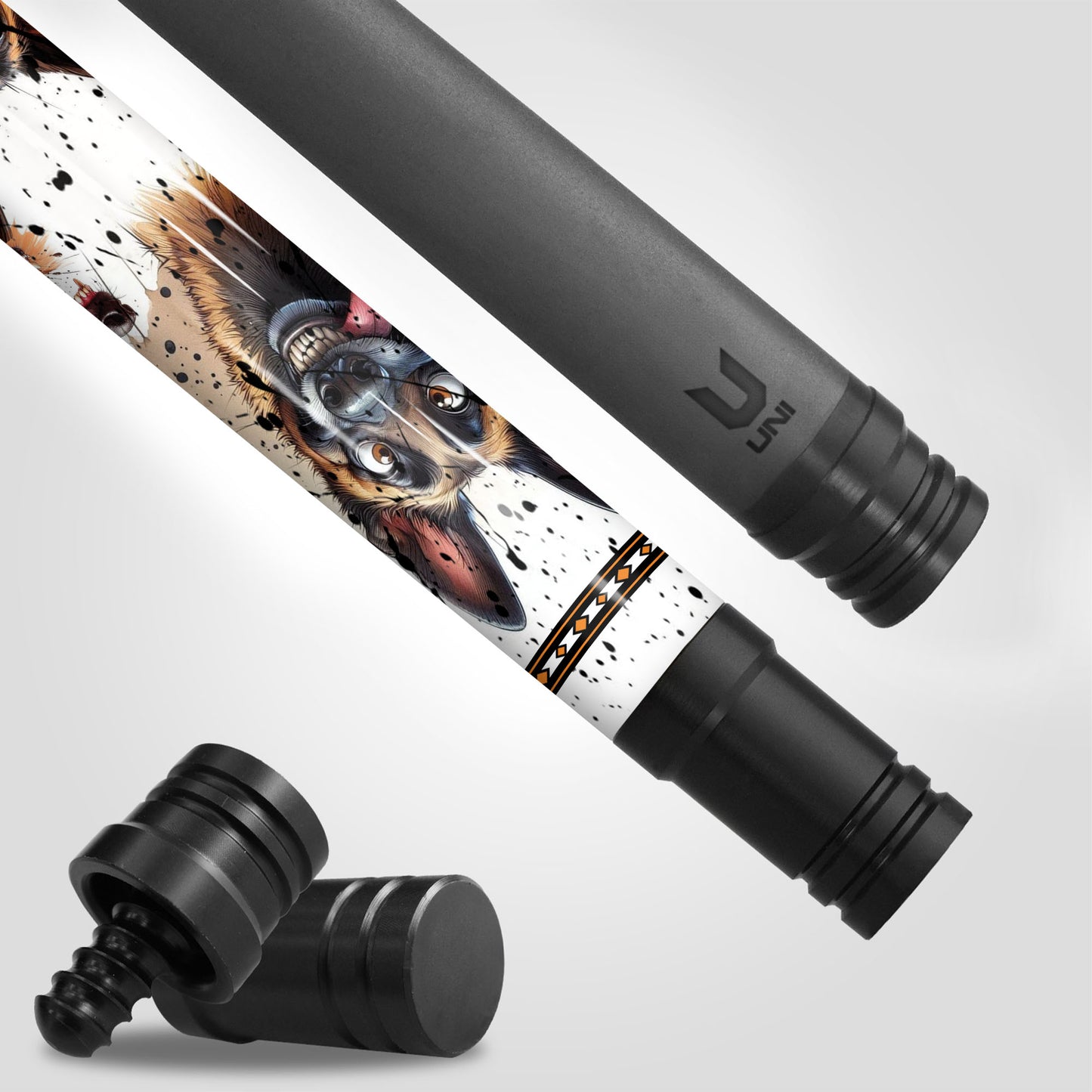 Malinois Madness Carbon Fiber Pool Cue - Funny Dog Expression & Splatter Art Stick