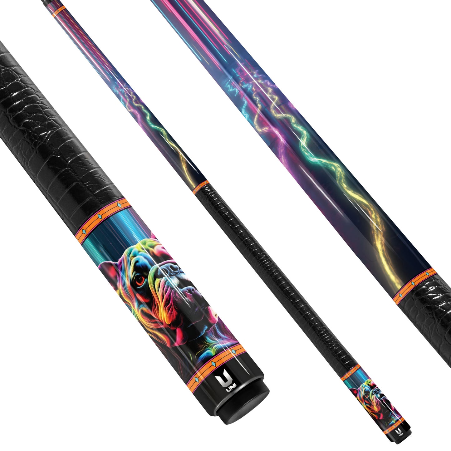 Neon Cyber Frenchie Carbon Fiber Pool Cue - Electric Pop Art Pet Stick & Glow Flow Design