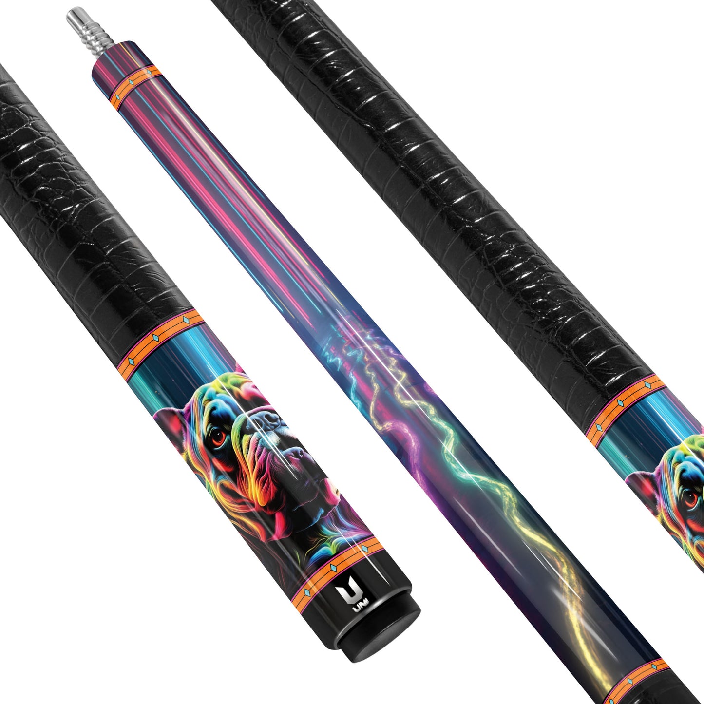Neon Cyber Frenchie Carbon Fiber Pool Cue - Electric Pop Art Pet Stick & Glow Flow Design