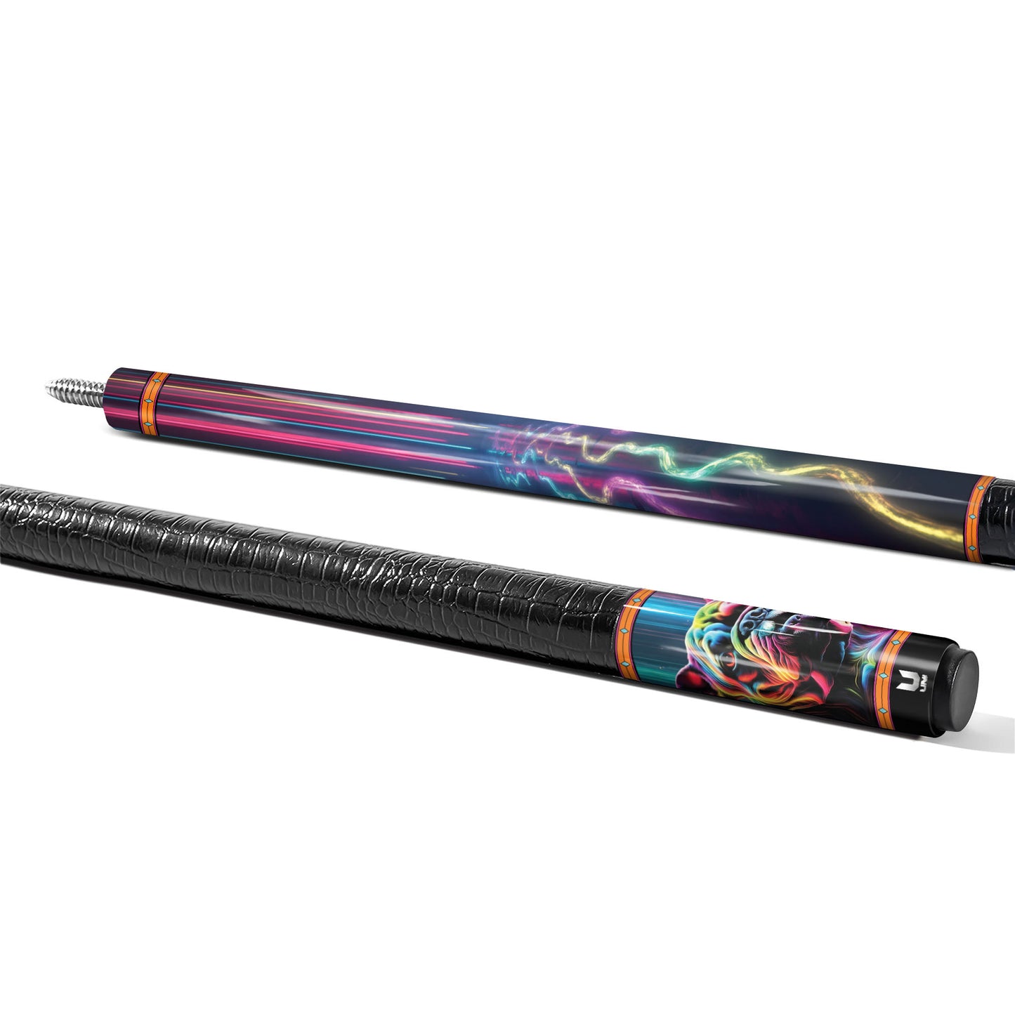 Neon Cyber Frenchie Carbon Fiber Pool Cue - Electric Pop Art Pet Stick & Glow Flow Design