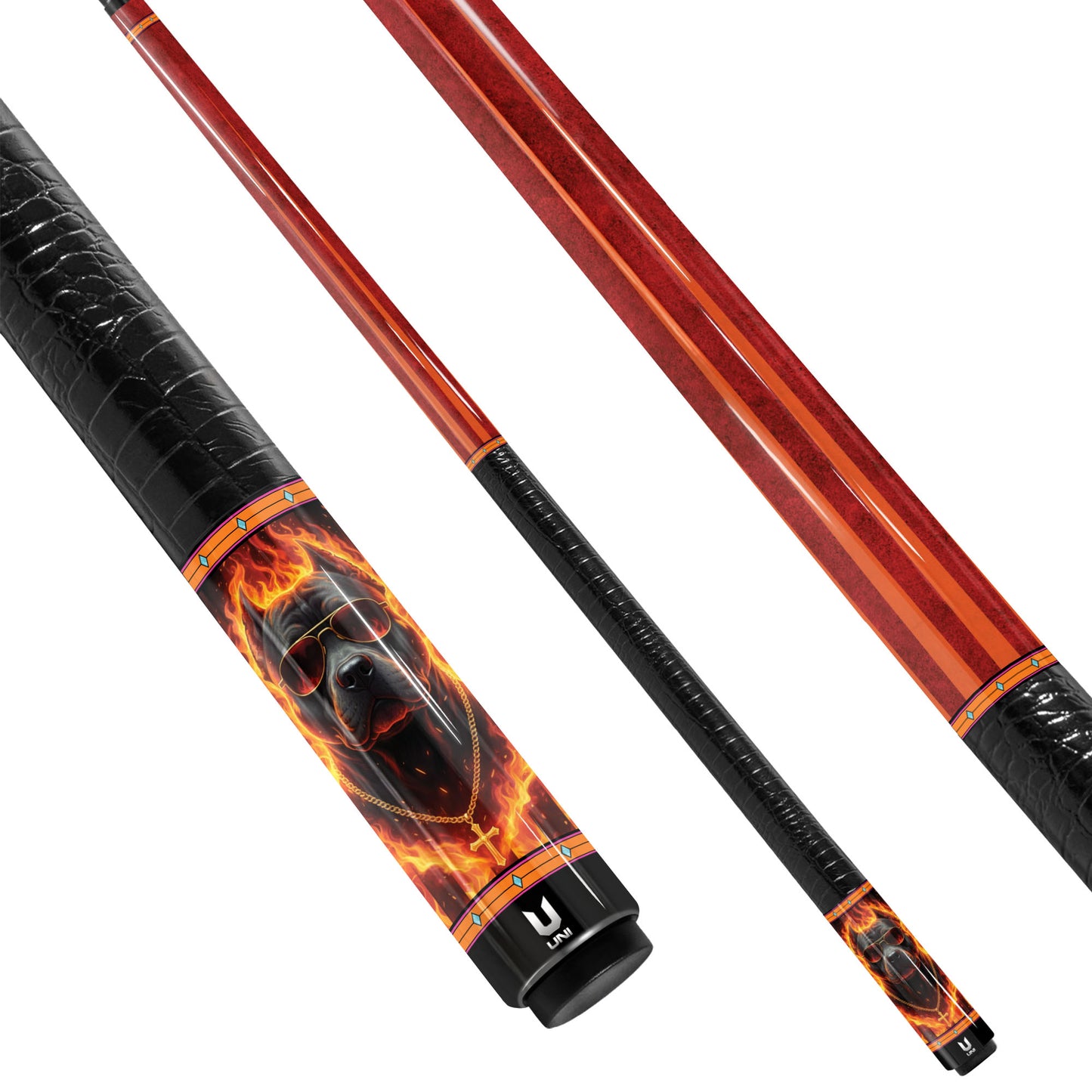 Inferno Guardian Pitbull Carbon Fiber Pool Cue - Blazing Fire & Boss Dog Art Stick