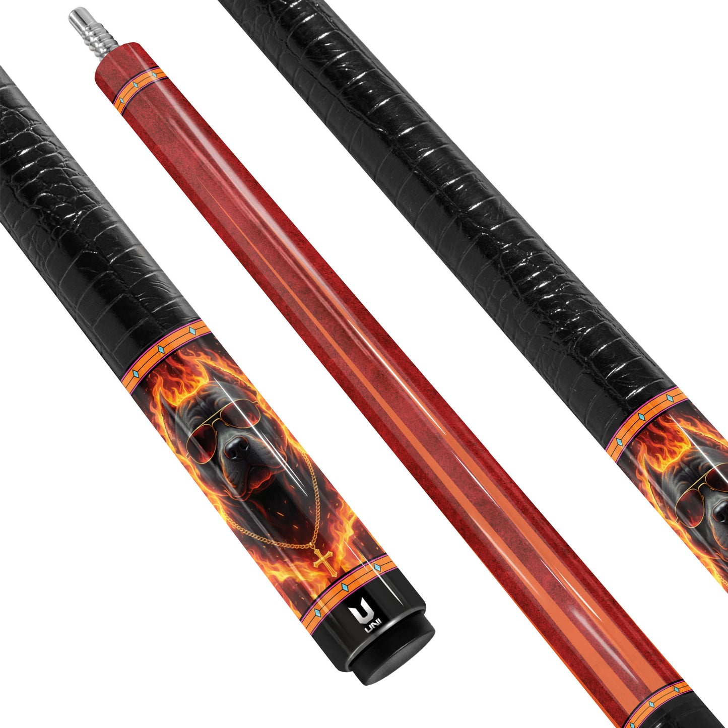Inferno Guardian Pitbull Carbon Fiber Pool Cue - Blazing Fire & Boss Dog Art Stick