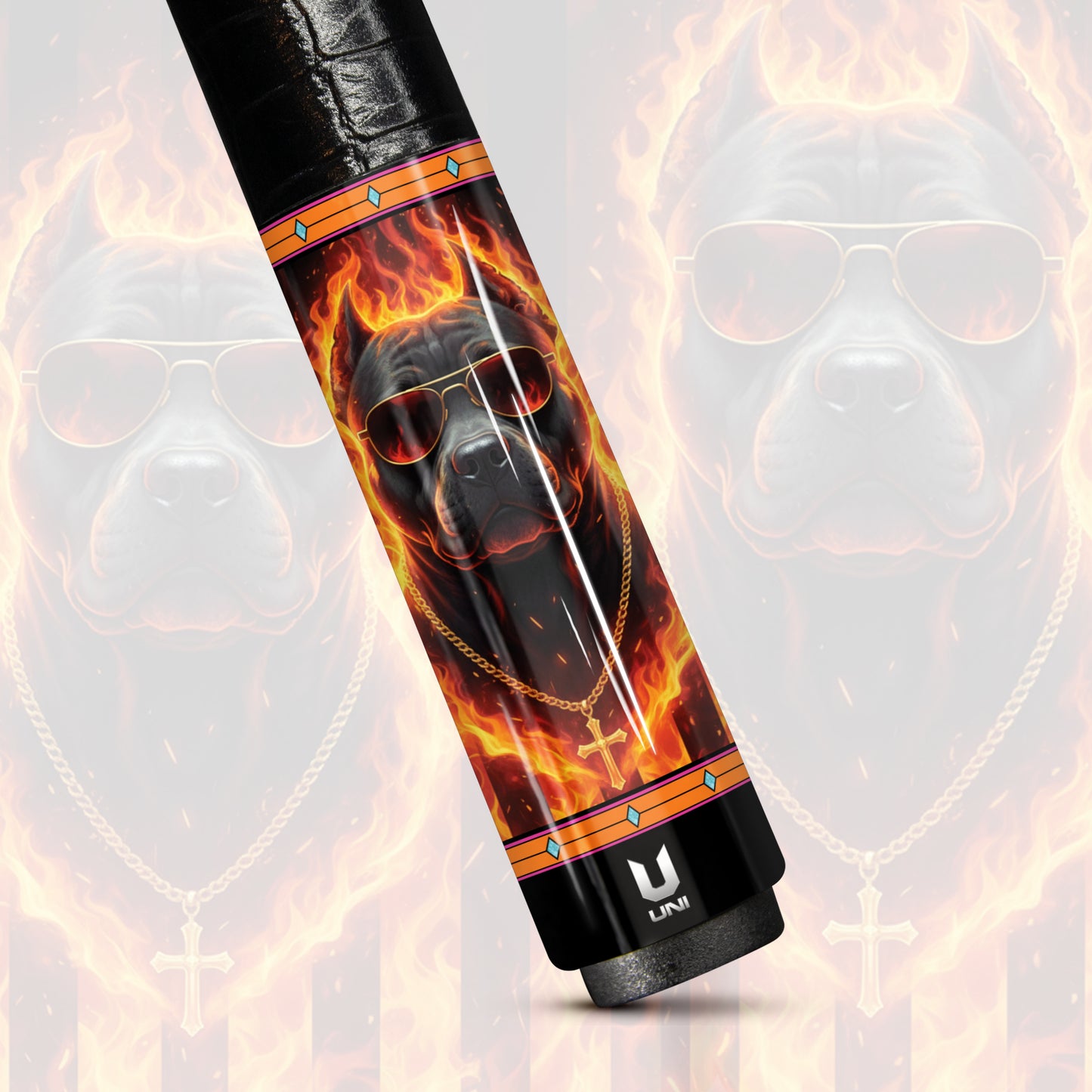 Inferno Guardian Pitbull Carbon Fiber Pool Cue - Blazing Fire & Boss Dog Art Stick
