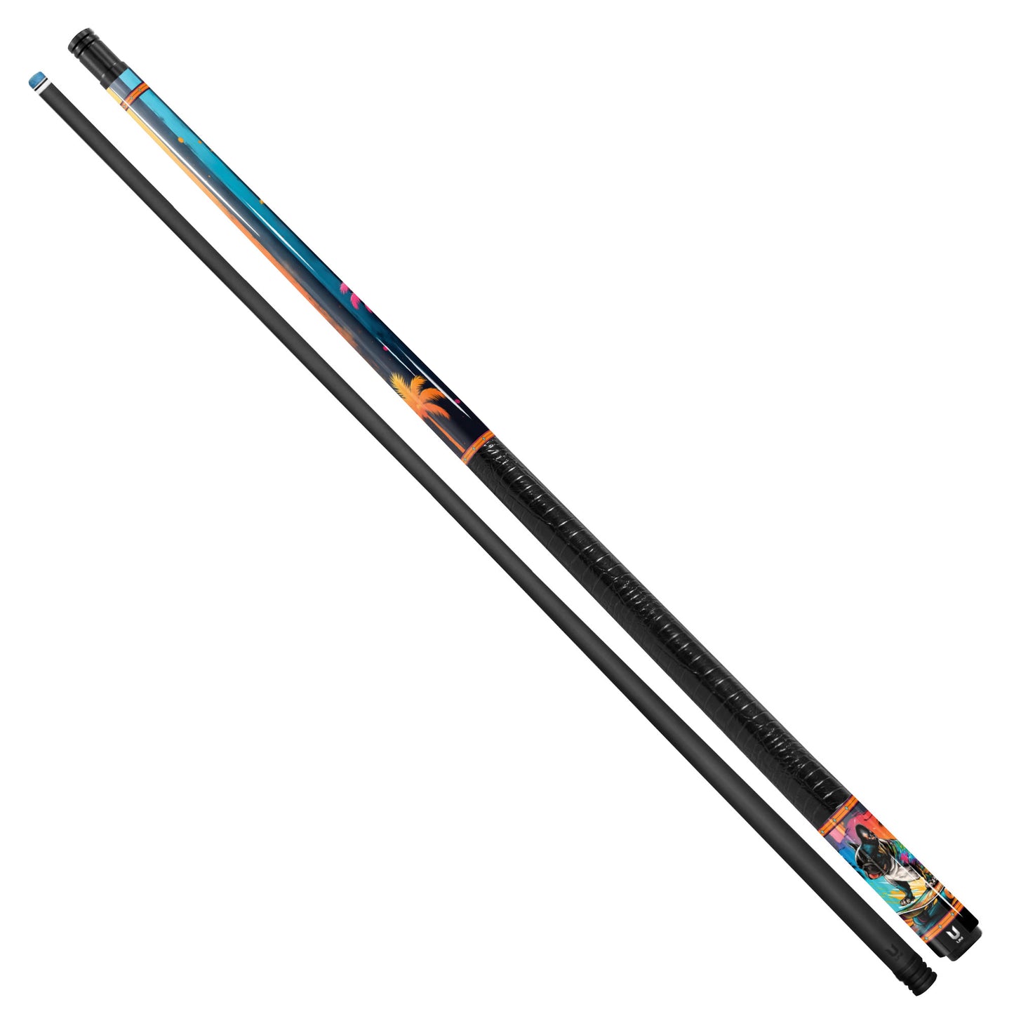 Skater Frenchie Paradise Carbon Fiber Pool Cue - Tropical Pop Art & Streetwear Design