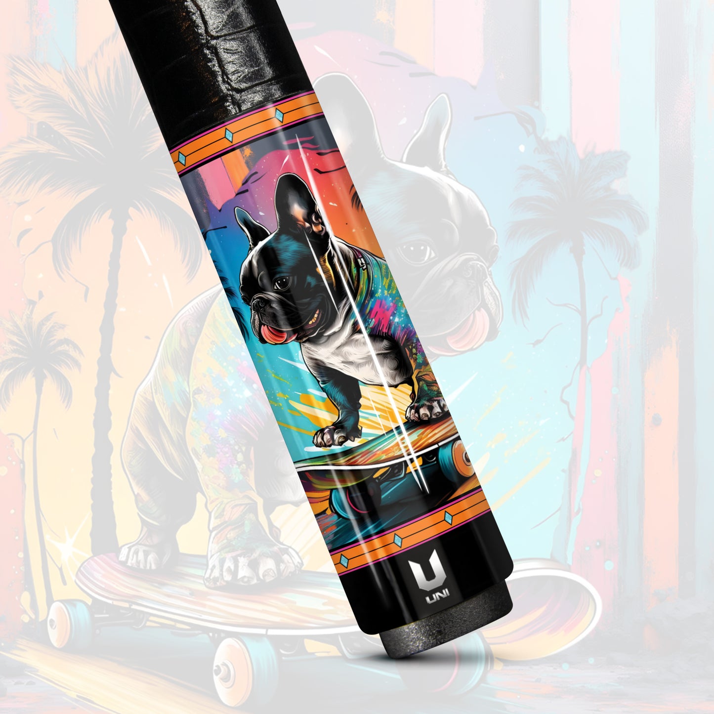 Skater Frenchie Paradise Carbon Fiber Pool Cue - Tropical Pop Art & Streetwear Design