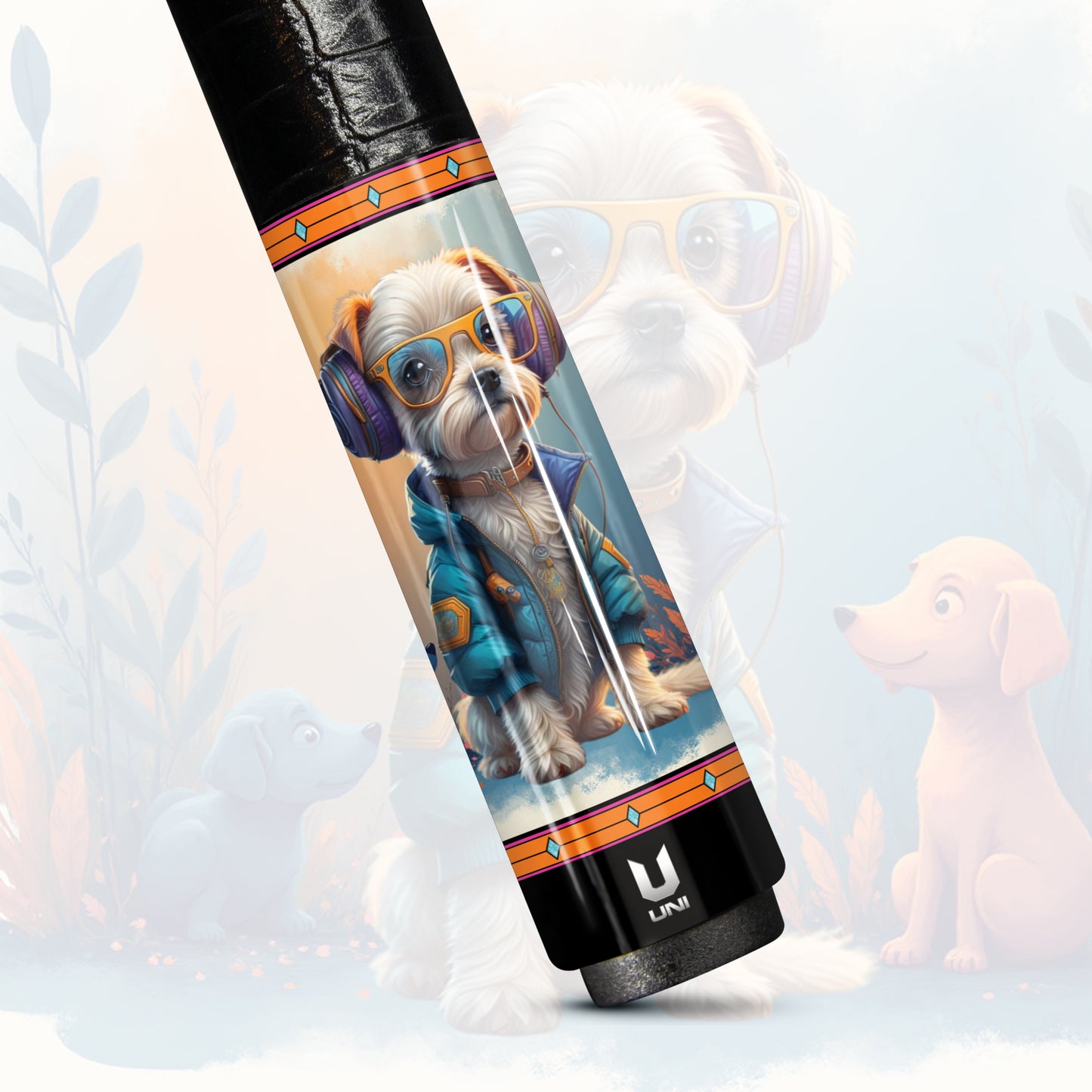 Serene Puppy Watercolor Carbon Fiber Pool Cue - Artistic Nature & Pet Lover Design Stick