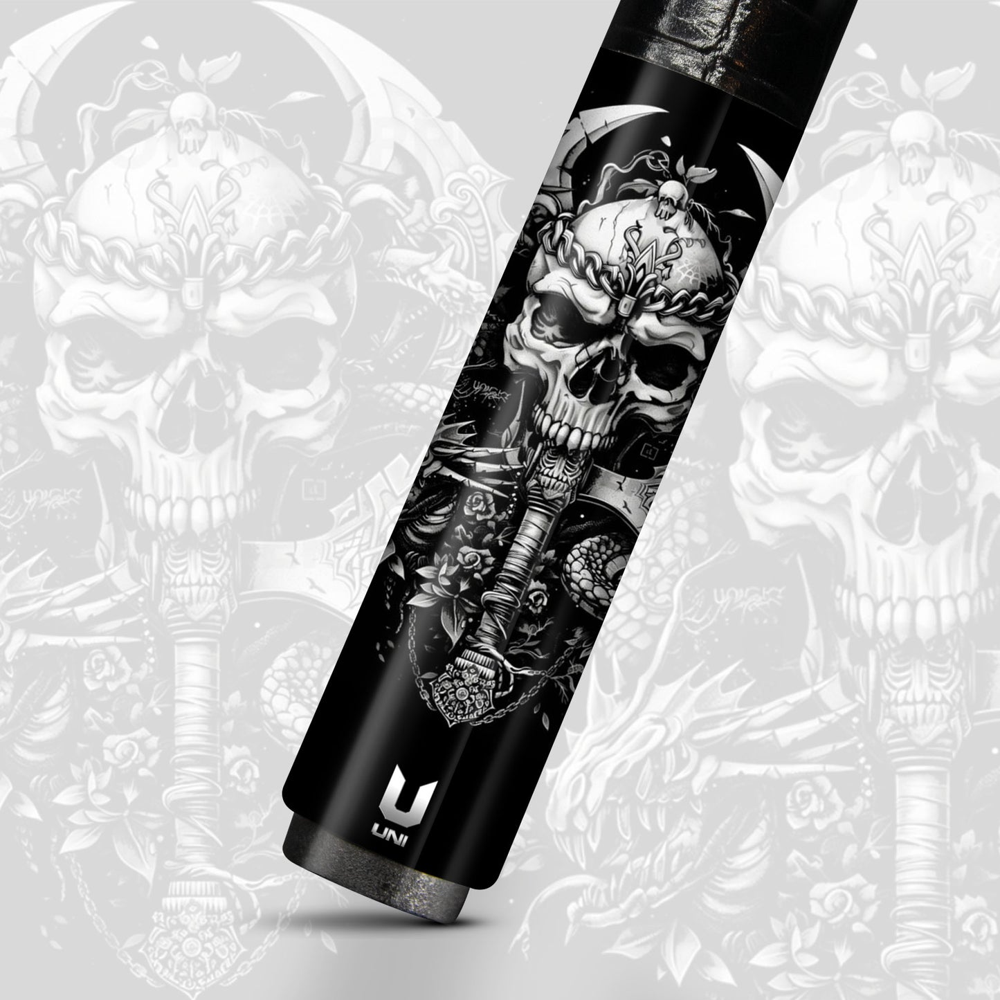 Dark Viking Warrior Skull Carbon Fiber Pool Cue - Dragon Axe Gothic Blackwork Stick