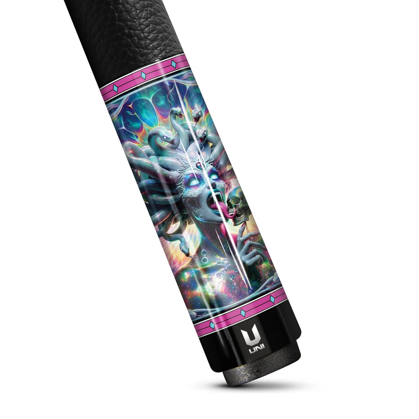 **Medusa’s Gaze Carbon Fiber Pool Cue – Psychedelic Neon Skull Edition – High-Performance Pro Cue**