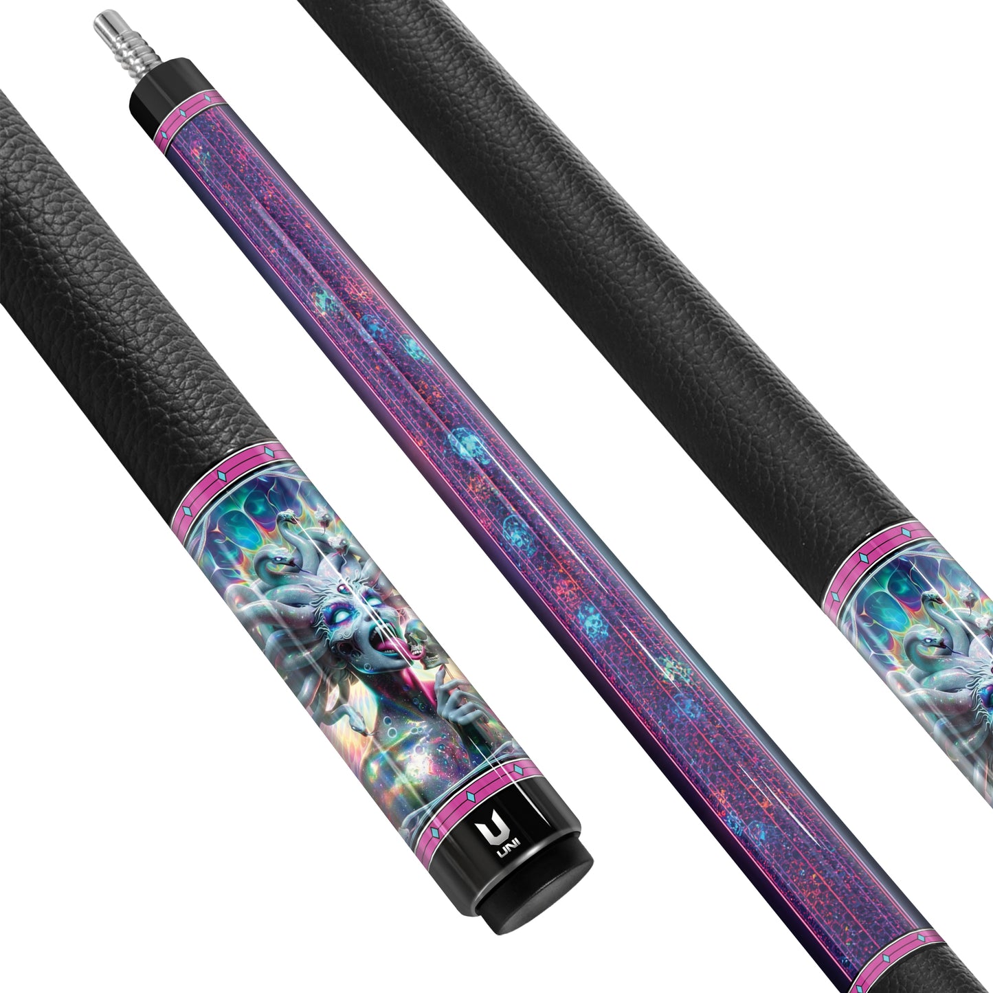 **Medusa’s Gaze Carbon Fiber Pool Cue – Psychedelic Neon Skull Edition – High-Performance Pro Cue**