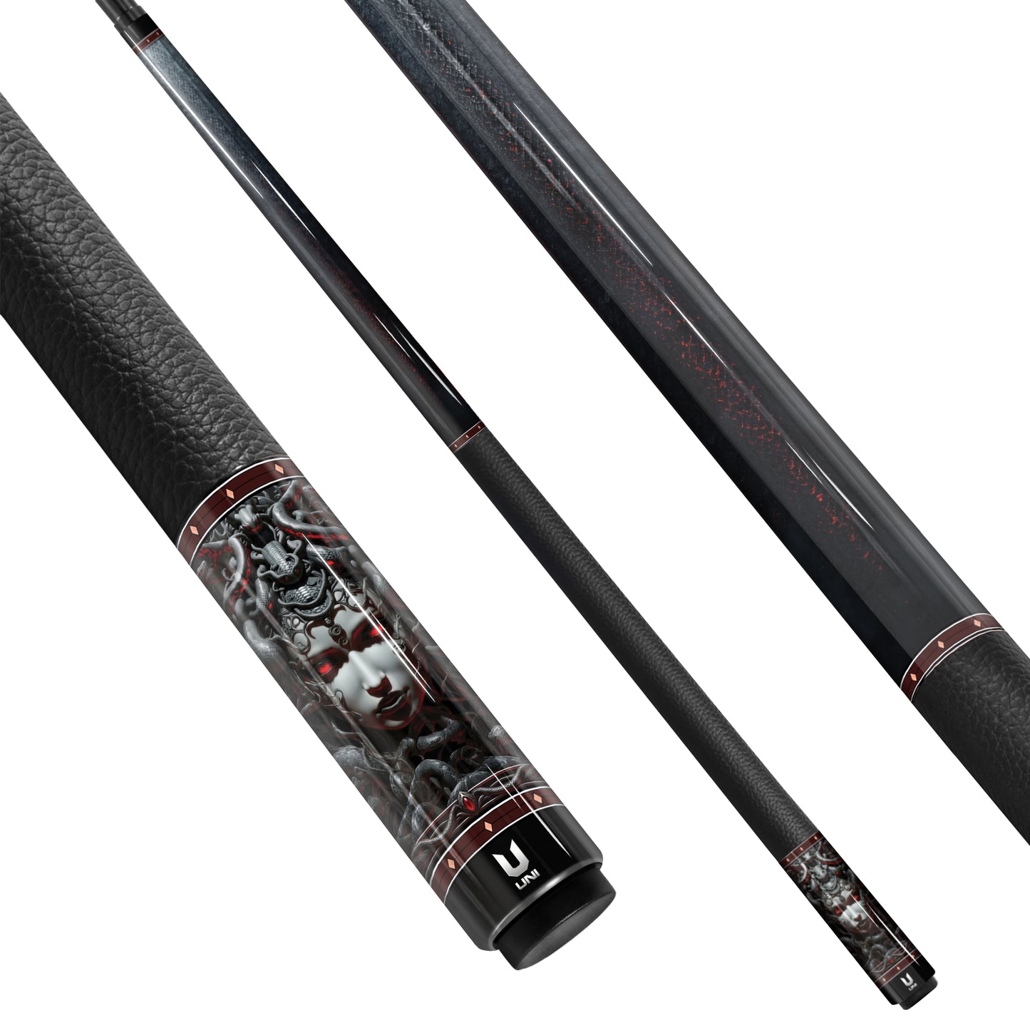 Medusa "Fatal Gaze" Custom Carbon Fiber Billiard Cue - Dark Industrial Gorgon Series - High-Performance Low Deflection Stick - Red Glow Edition