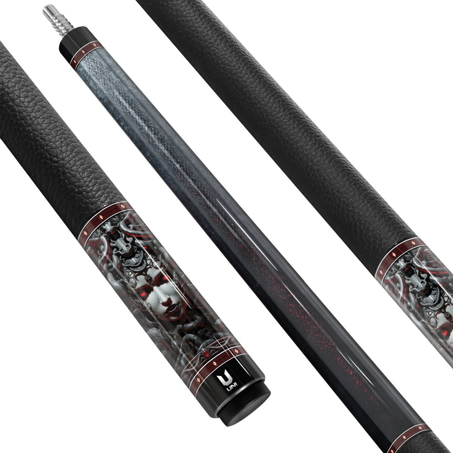 Medusa "Fatal Gaze" Custom Carbon Fiber Billiard Cue - Dark Industrial Gorgon Series - High-Performance Low Deflection Stick - Red Glow Edition