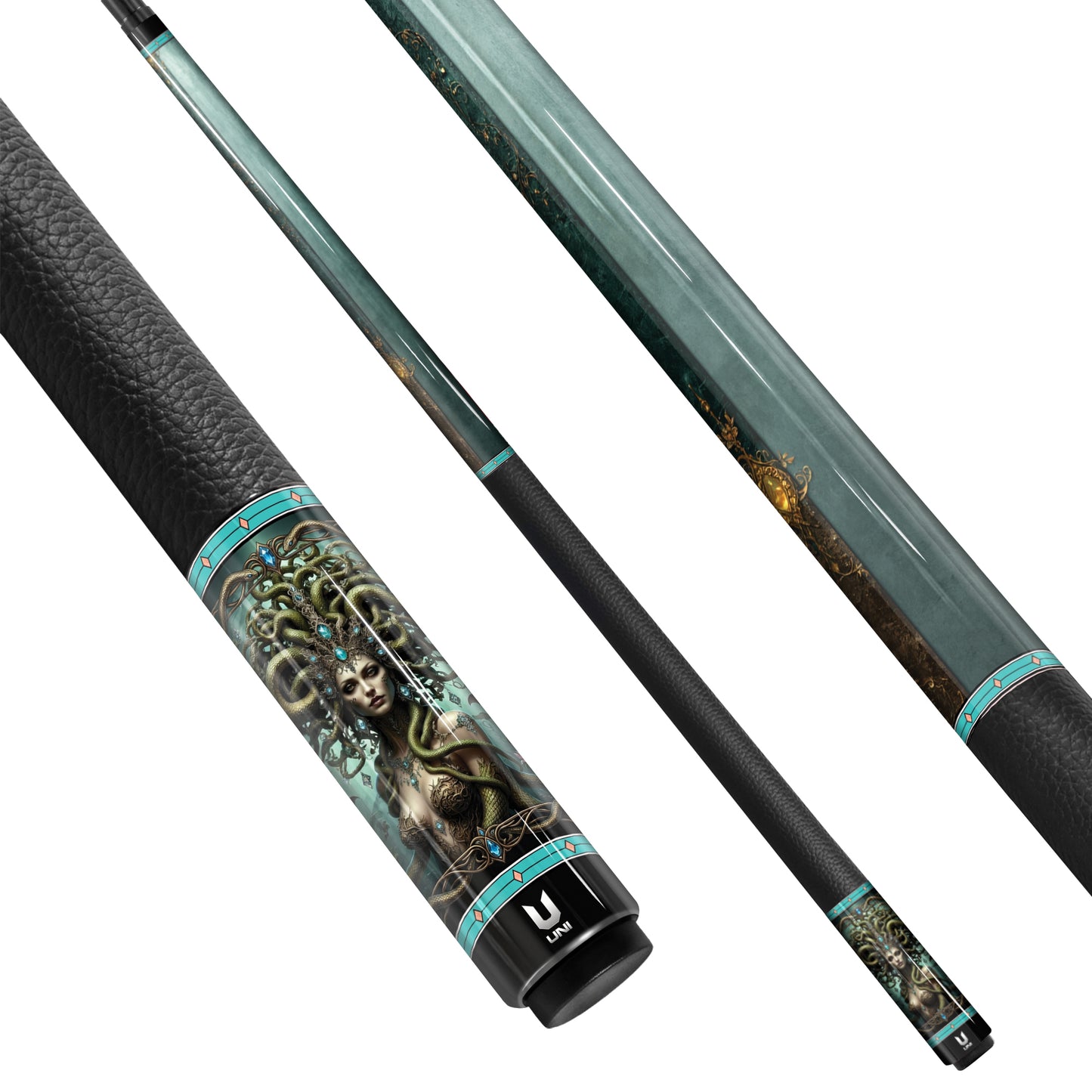 Medusa "Emerald Empress" Custom Carbon Fiber Billiard Cue - Regal Gold Filigree & Glowing Teal Crystals - Elite Low Deflection Performance Stick
