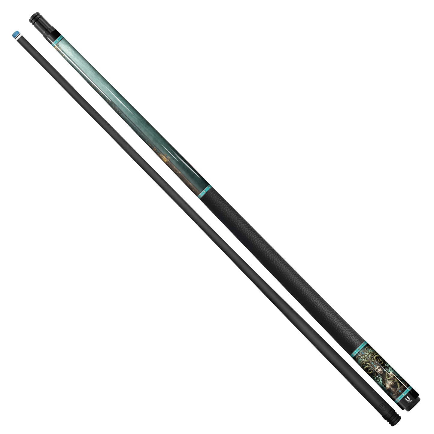 Medusa "Emerald Empress" Custom Carbon Fiber Billiard Cue - Regal Gold Filigree & Glowing Teal Crystals - Elite Low Deflection Performance Stick