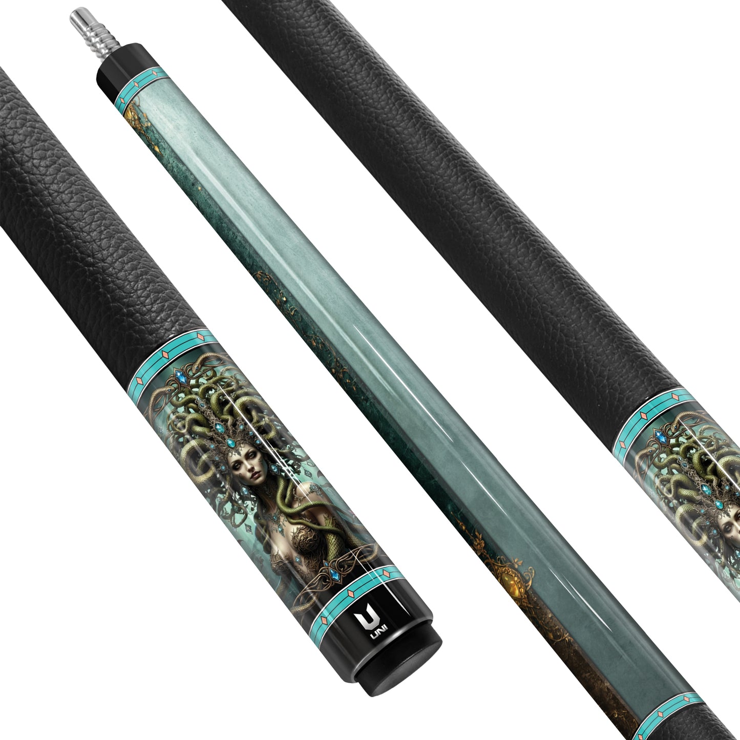 Medusa "Emerald Empress" Custom Carbon Fiber Billiard Cue - Regal Gold Filigree & Glowing Teal Crystals - Elite Low Deflection Performance Stick