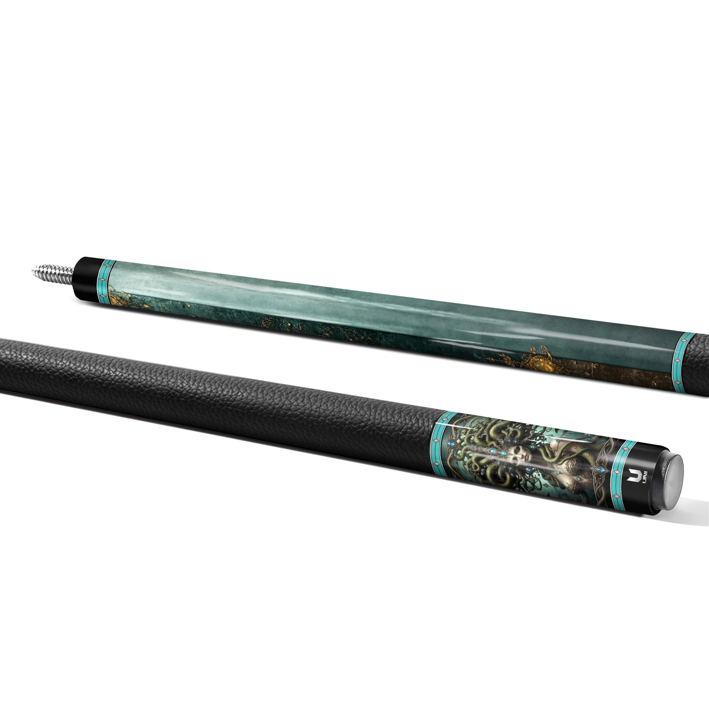 Medusa "Emerald Empress" Custom Carbon Fiber Billiard Cue - Regal Gold Filigree & Glowing Teal Crystals - Elite Low Deflection Performance Stick