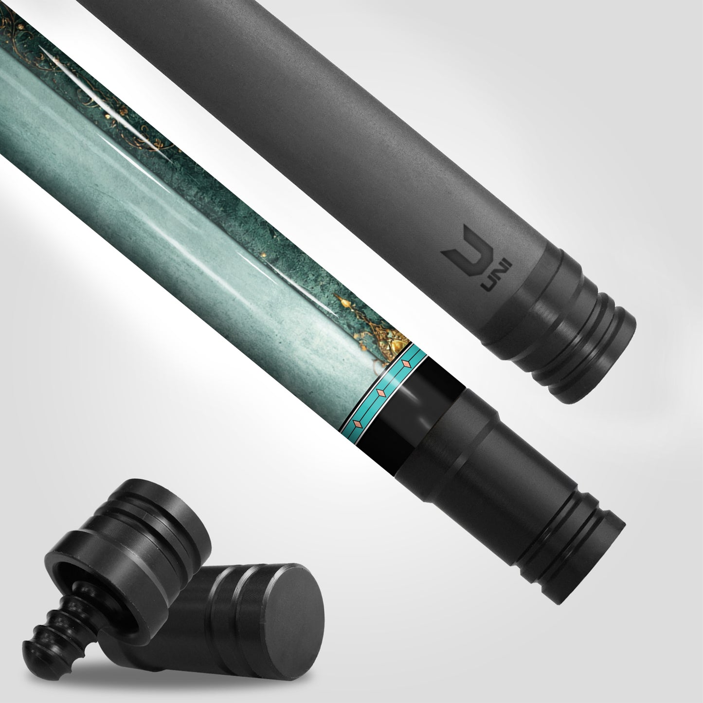 Medusa "Emerald Empress" Custom Carbon Fiber Billiard Cue - Regal Gold Filigree & Glowing Teal Crystals - Elite Low Deflection Performance Stick