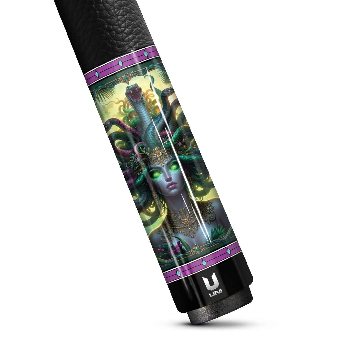 Medusa "Bioluminescent Empress" Custom Carbon Fiber Billiard Cue - Neon Laser & Gold Scrollwork - High-Performance Low Deflection Stick