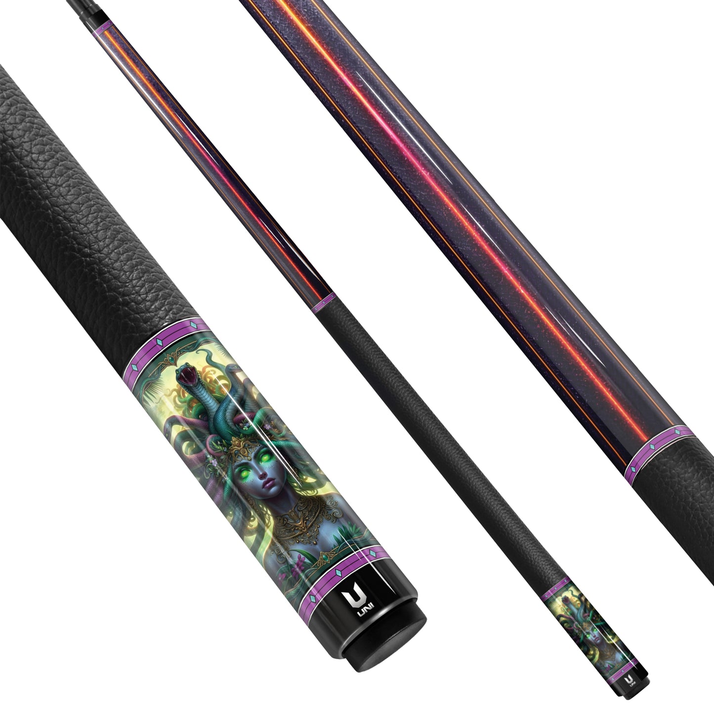 Medusa "Bioluminescent Empress" Custom Carbon Fiber Billiard Cue - Neon Laser & Gold Scrollwork - High-Performance Low Deflection Stick